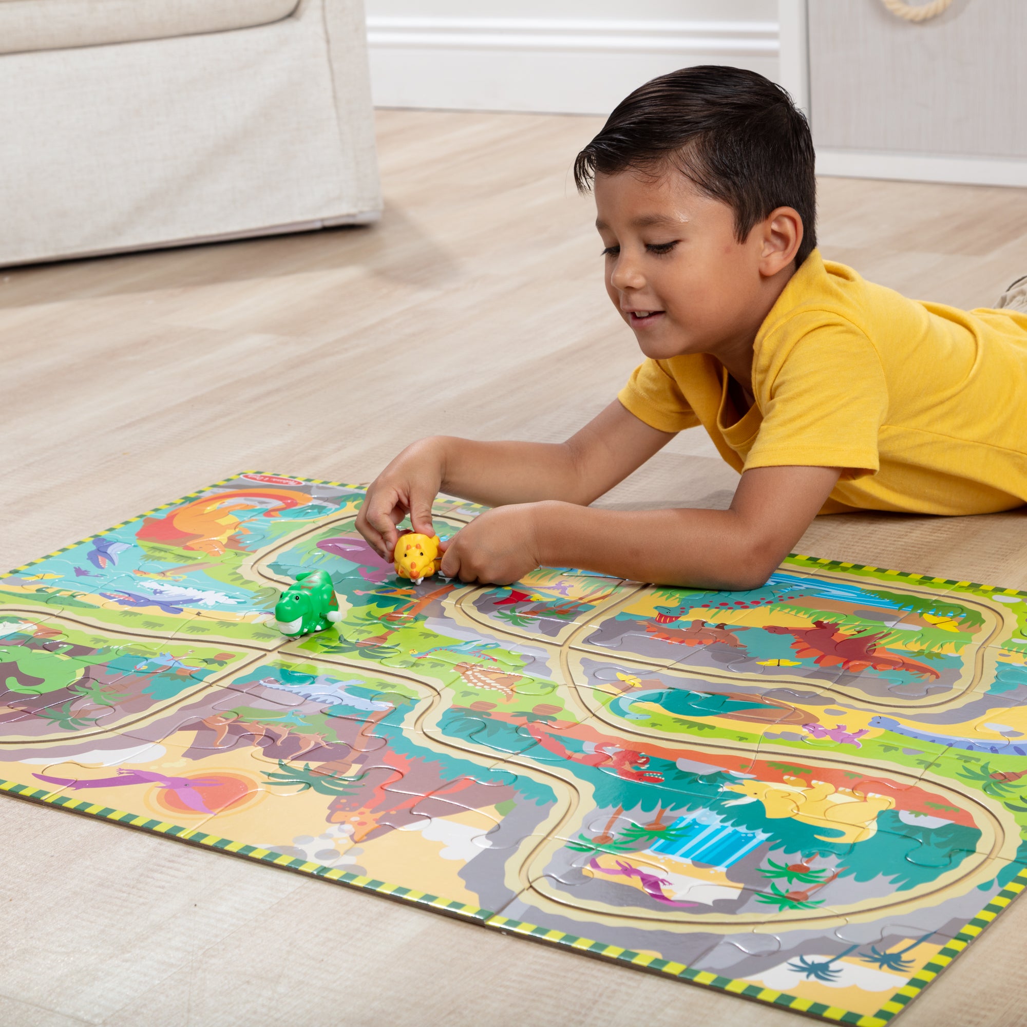Melissa & Doug Dinosaur Adventure Tracks Floor Puzzle ?C 48 Pieces + 2 Wind-Up Dinosaurs - Image 2